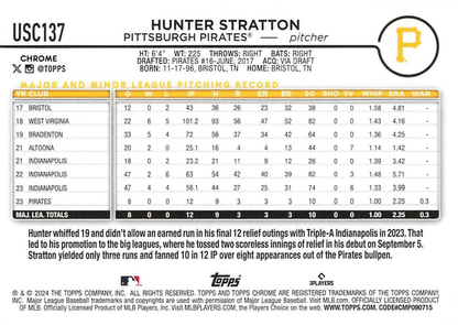 2024 Topps Chrome Update X-Fractor Parallel Hunter Stratton RC Pittsburgh Pirates #USC137