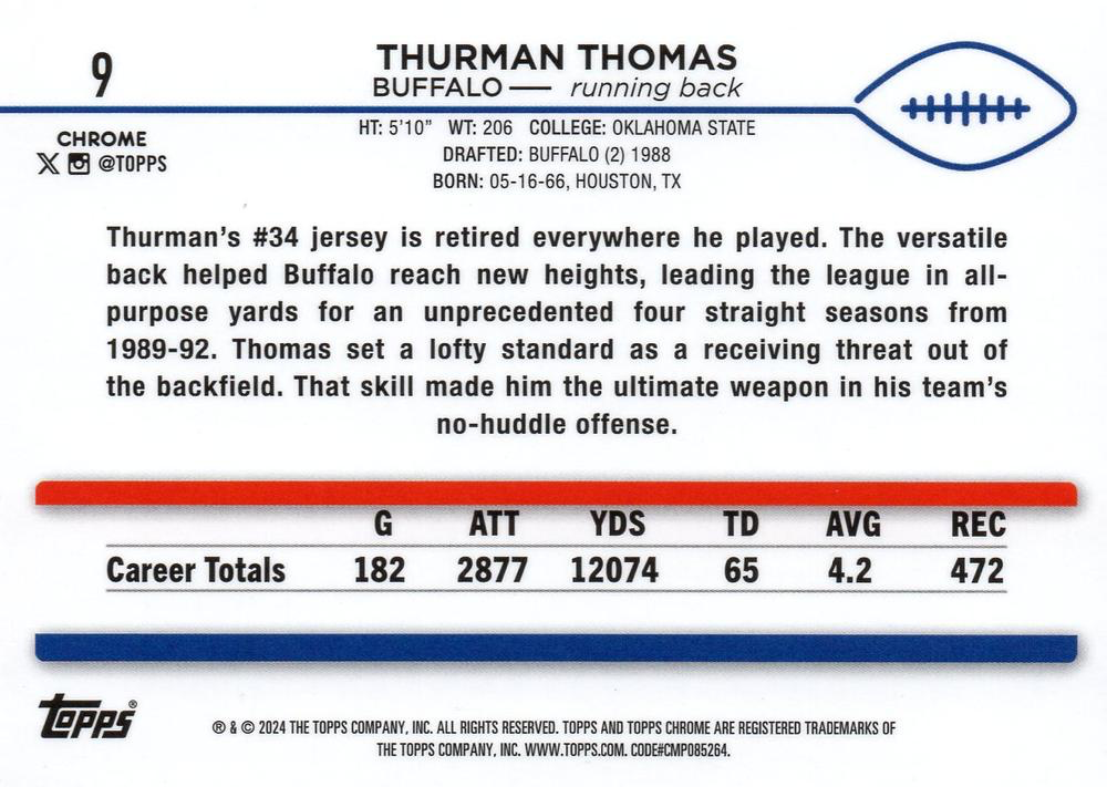 2024 Topps Chrome Football X- Fractor Thurman Thomas #9 Buffalo Bills
