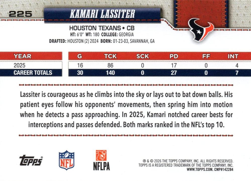 2026 Topps Flagship Kamari Lassiter #225 Houston Texans