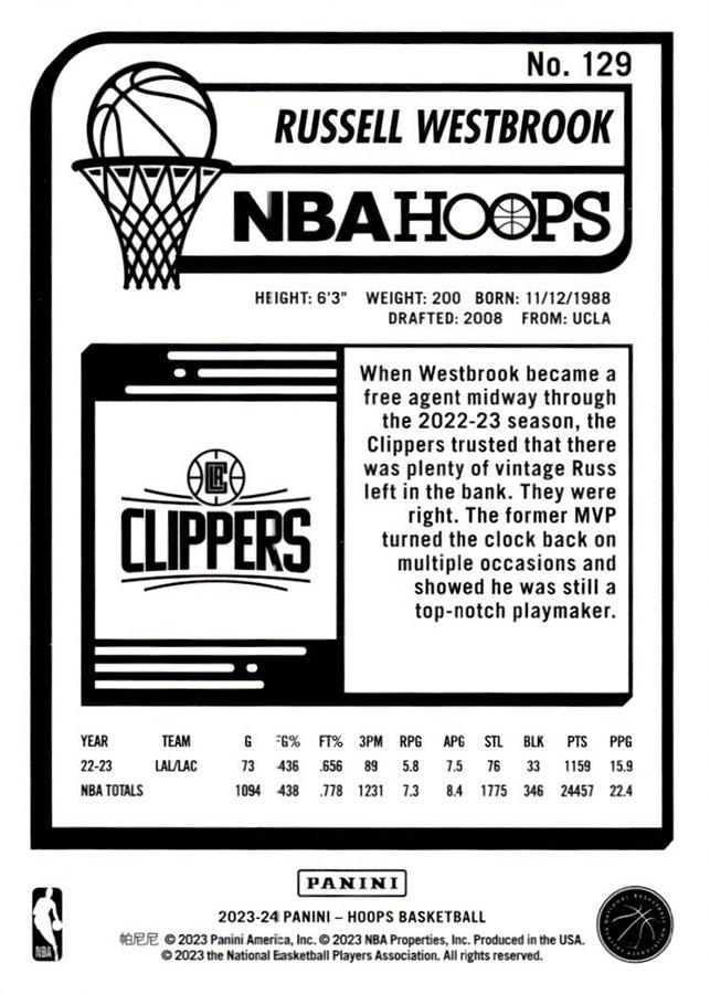 2023 Panini Hoops Russell Westbrook #129 Los Angeles Clippers