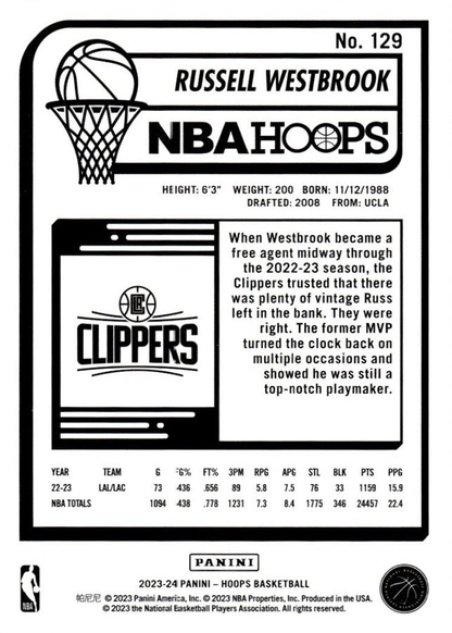 2023 Panini Hoops Russell Westbrook #129 Los Angeles Clippers