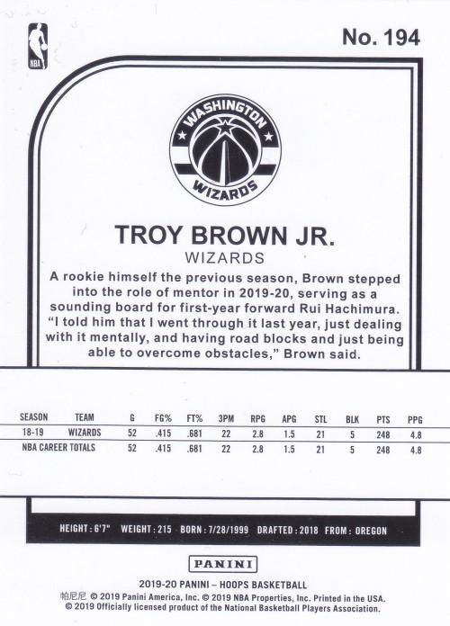 2019 Panini Hoops Troy Brown Jr. #194 Washington Wizards