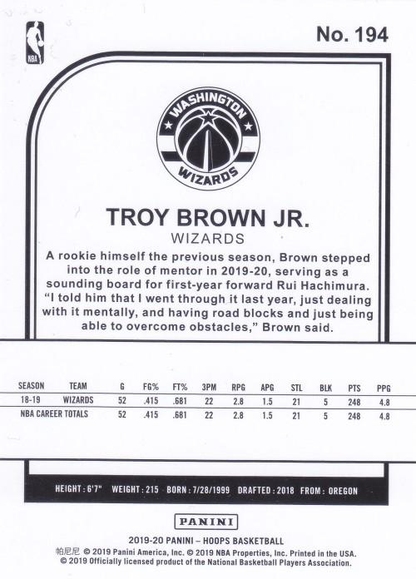 2019 Panini Hoops Troy Brown Jr. #194 Washington Wizards