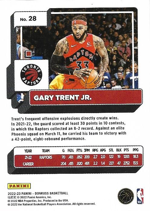 2022 Panini Donruss Gary Trent Jr. #28 Toronto Raptors
