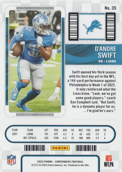 2022 Panini Contenders D'Andre Swift #35 Detroit Lions