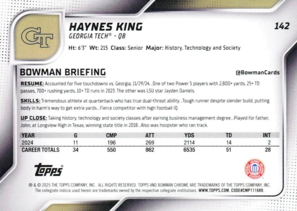 2025 Topps Bowman U Chrome Haynes King 1st #142 Georgia Tech Yellow Jackets