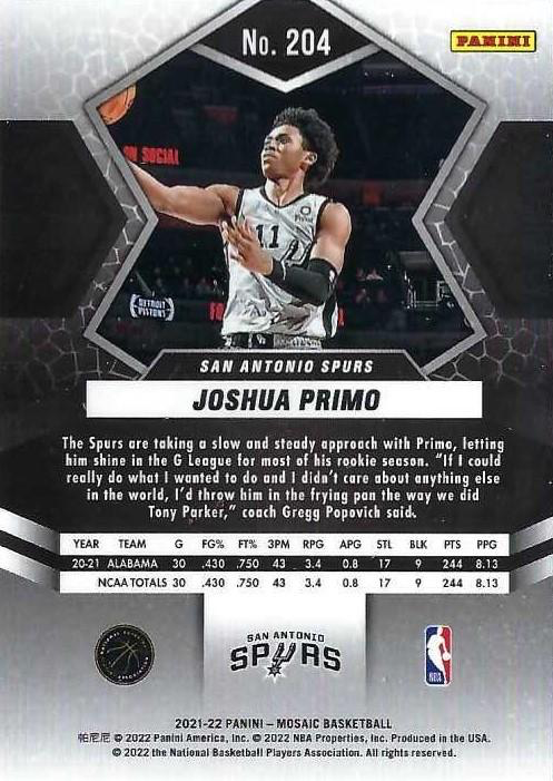 2021 Panini Mosaic Joshua Primo RC #204 San Antonio Spurs