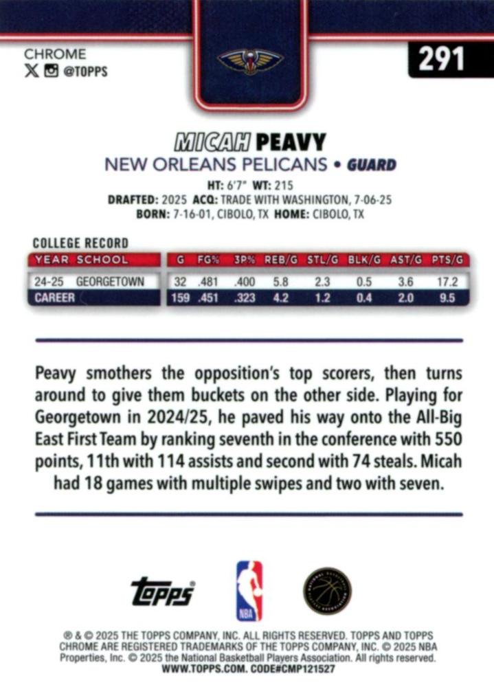 2025 Topps Chrome NBA Micah Peavy RC #291 New Orleans Pelicans
