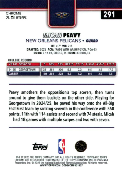 2025 Topps Chrome NBA Micah Peavy RC #291 New Orleans Pelicans