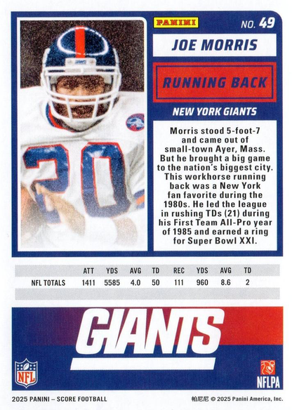 2025 Panini Score Joe Morris #49 New York Giants
