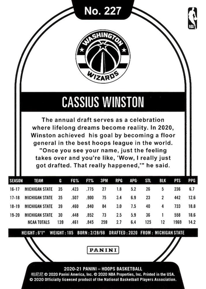 2020 Panini Hoops Cassius Winston RC #227 Washington Wizards