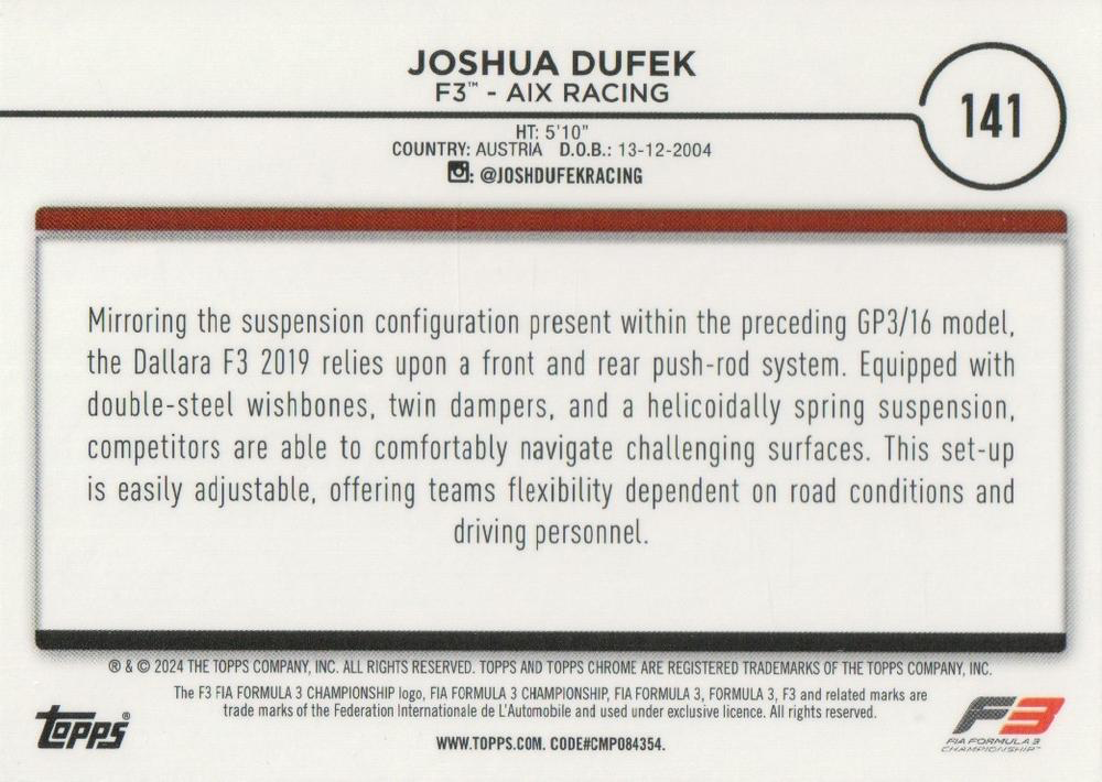 2024 Topps Chrome Formula 1 Joshua Dufek F3C #141 Aix Racing