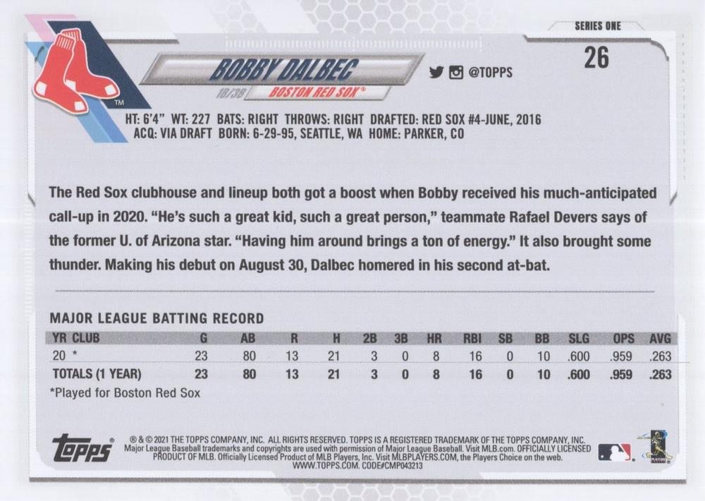 2021 Topps Series 1 Bobby Dalbec RC #26 Boston Red Sox