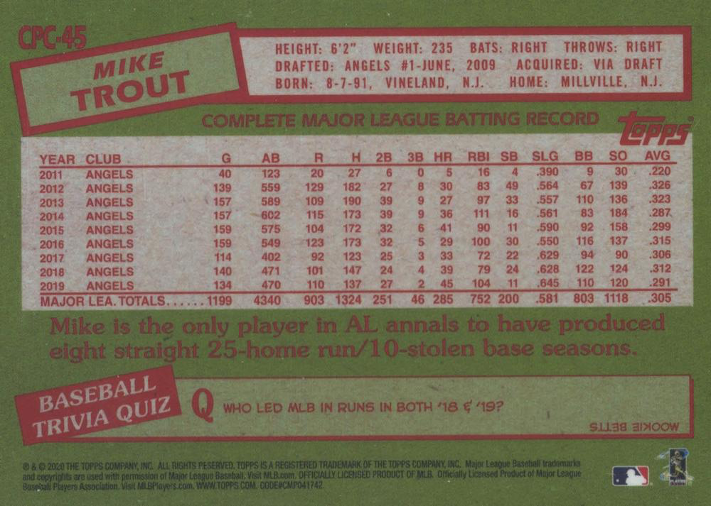 2020 Topps Update 1985 Mojo Mike Trout #CPC-45 Los Angeles Angels