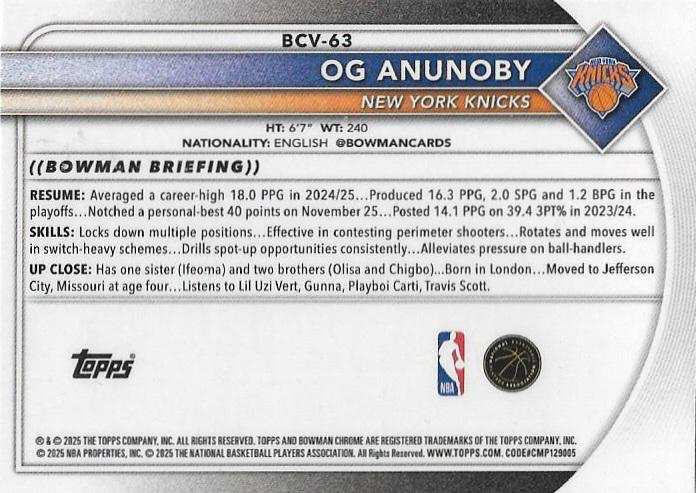 2025 Topps Bowman Chrome OG Anunoby #BCV-63 New York Knicks