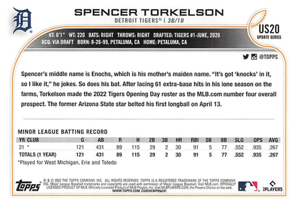 2022 Topps Update Spencer Torkelson RC #US20 Detroit Tigers