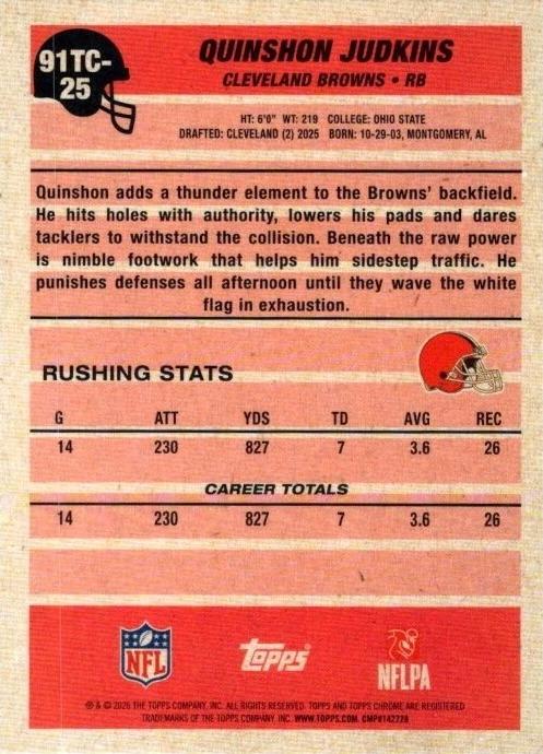 2026 Topps Flagship 1991 35th Mojo Chrome Quinshon Judkins #91TF-25 Cleveland Browns