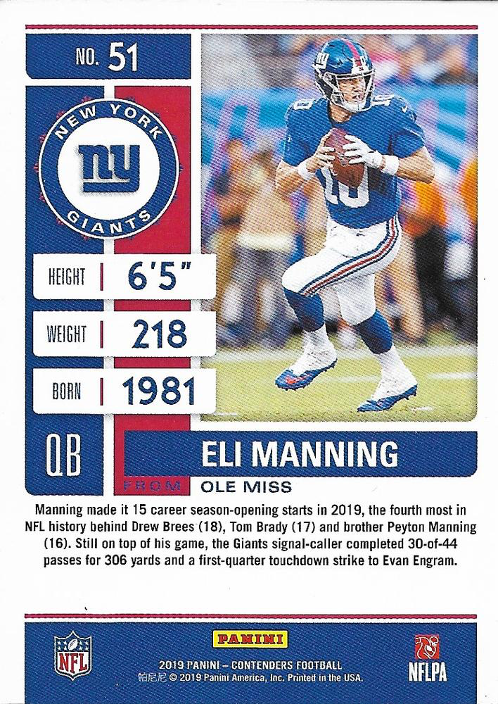 2019 Panini Contenders Eli Manning #51 New York Giants
