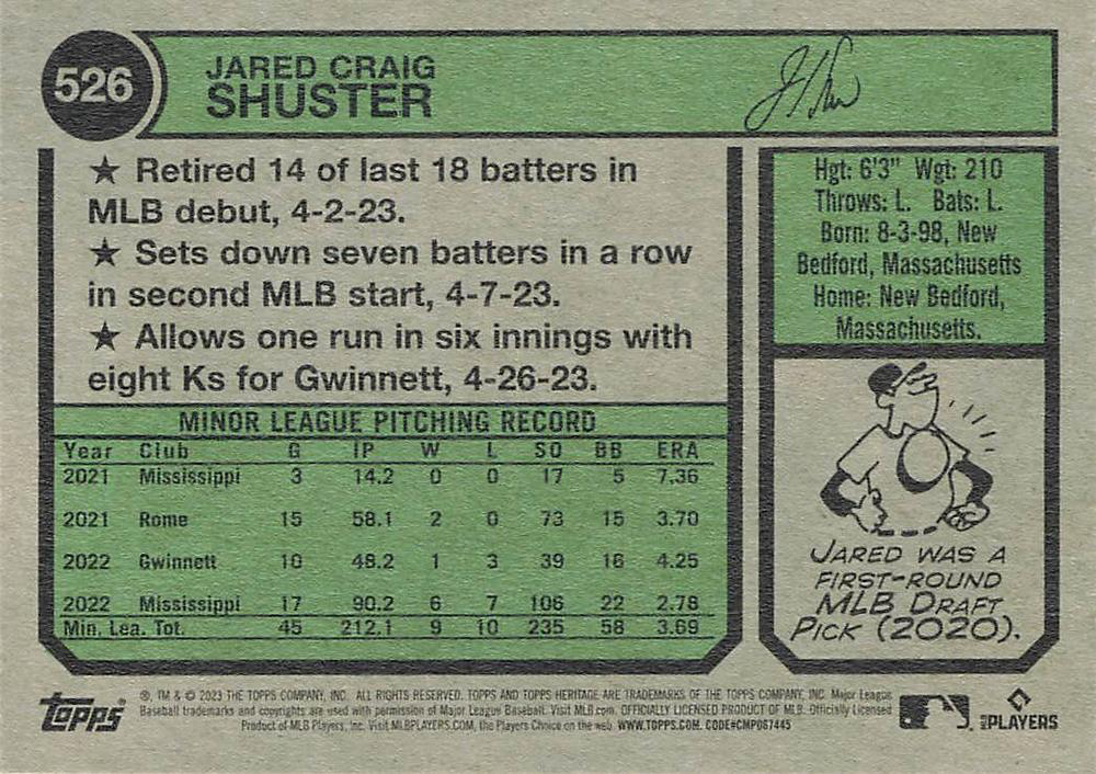 2023 Topps Heritage Jared Shuster RC Atlanta Braves #526