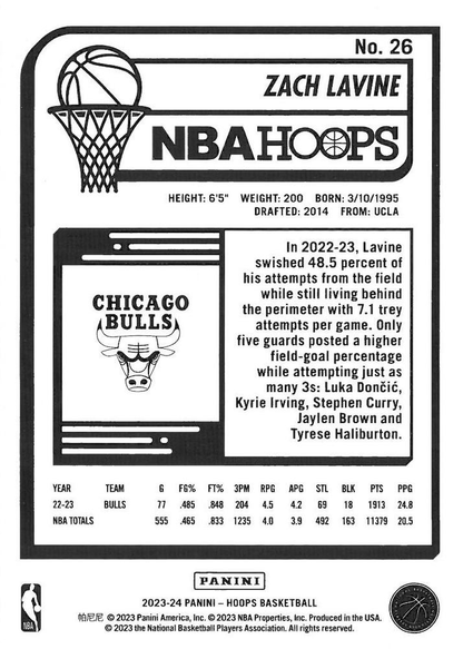 2023 Panini Hoops Zach LaVine #26 Chicago Bulls