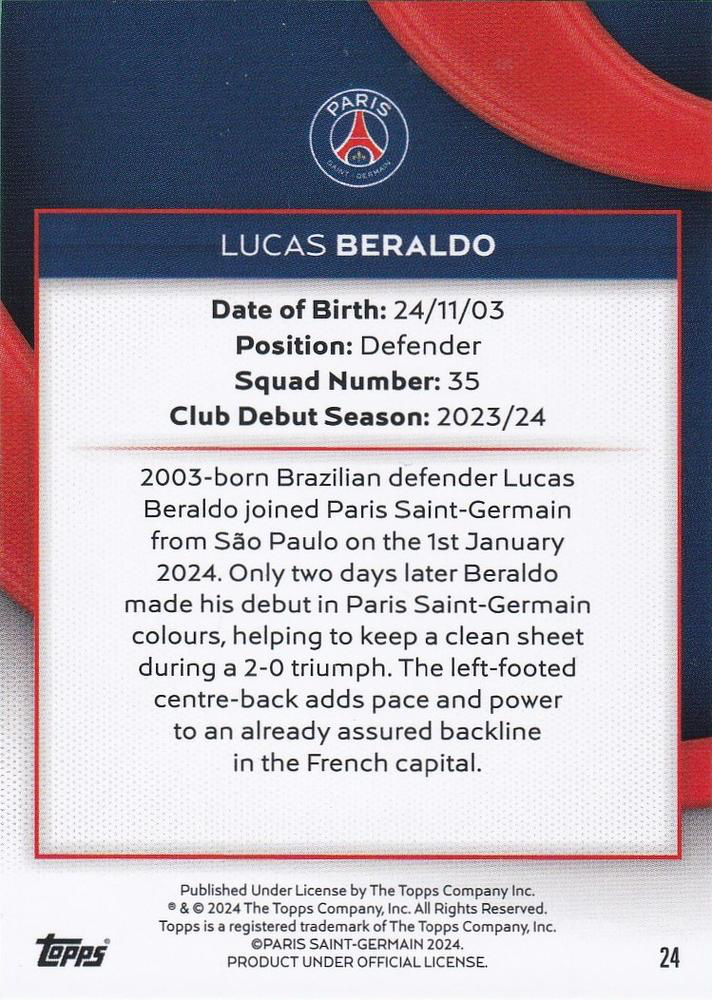 2023 Topps PSG Team Set Lucas Beraldo #24 Paris Saint-Germain