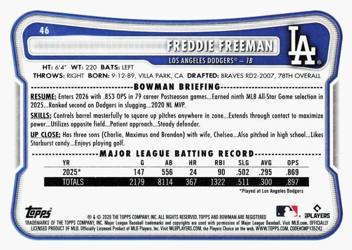 2026 Topps Bowman Freddie Freeman #46 Los Angeles Dodgers