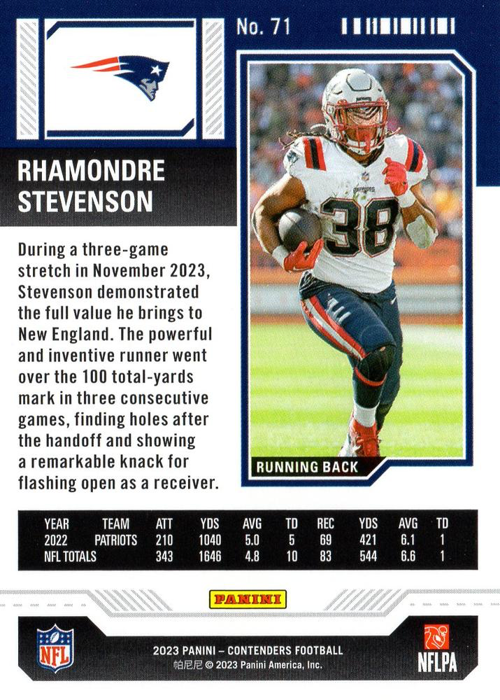 2023 Panini Contenders Red Parallel Rhamondre Stevenson New England Patriots #71