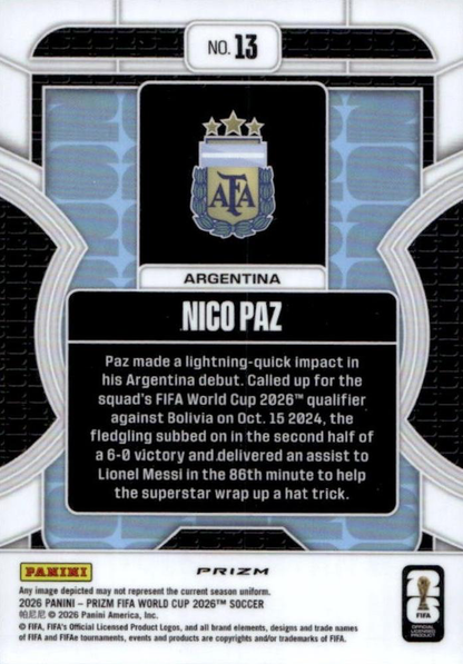 2026 Panini Prizm FIFA World Cup Phenomenon Silver Nico Paz #13 Argentine