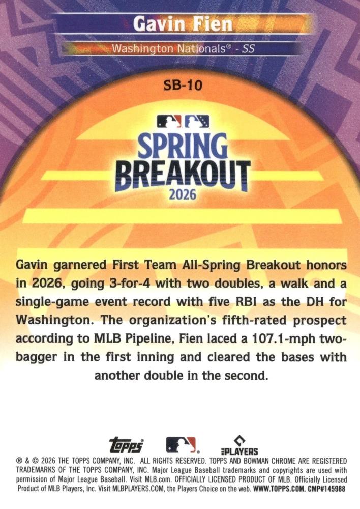 2026 Topps Spring Breakout Gavin Fien #SB-10 Washington Nationals