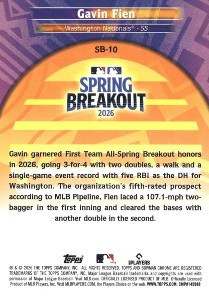 2026 Topps Spring Breakout Gavin Fien #SB-10 Washington Nationals