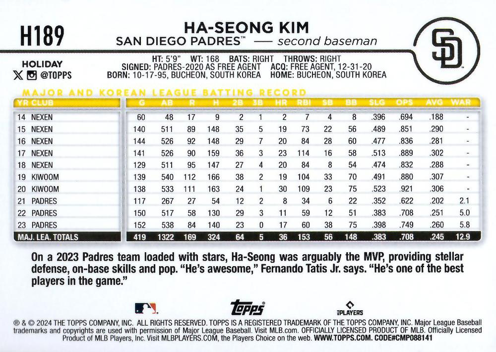 2024 Topps Holiday Ha-Seong Kim San Diego Padres #H189