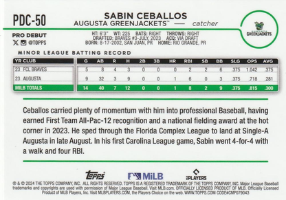 2024 Topps Pro Debut Chrome Refractor Sabin Ceballos #PDC-50 Augusta GreenJackets