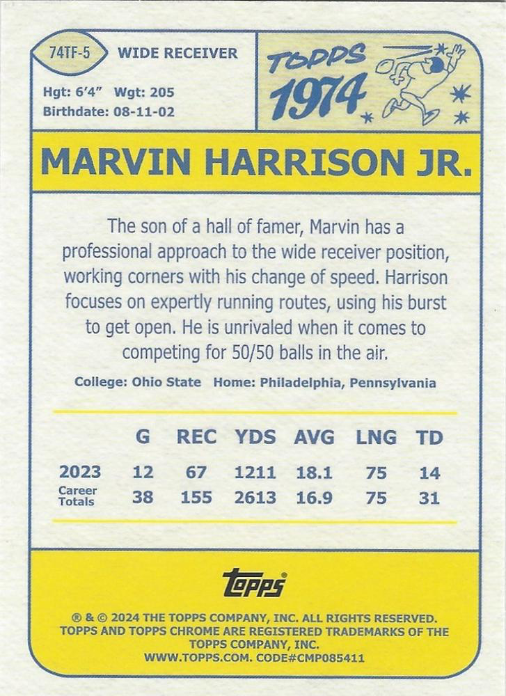 2024 Topps Chrome 1974 Topps Football X-Fractor Marvin Harrison Jr. #74TF-5 Arizona Cardinals
