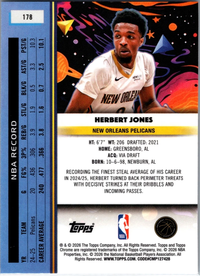 2025 Topps Chrome Cosmic Herbert Jones #178 New Orleans Pelicans