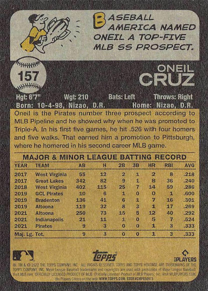 2022 Topps Heritage Oneil Cruz RC Pittsburgh Pirates #157