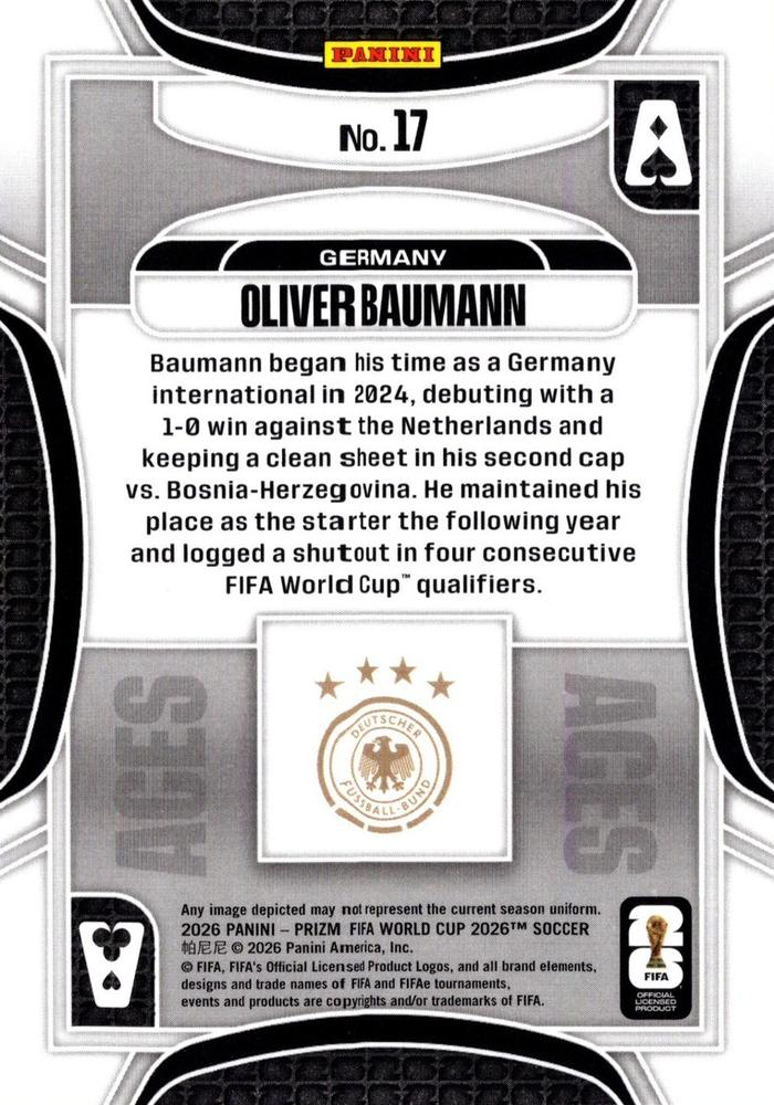 2026 Panini Prizm World Cup Aces Oliver Baumann #17 Allemagne