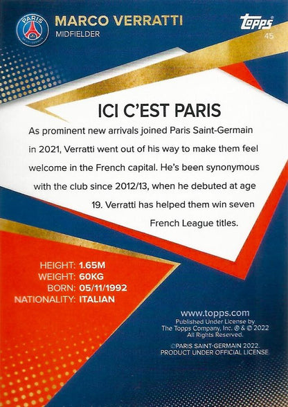 2021 Topps PSG Team Set Marco Verratti #45 Paris Saint-Germain