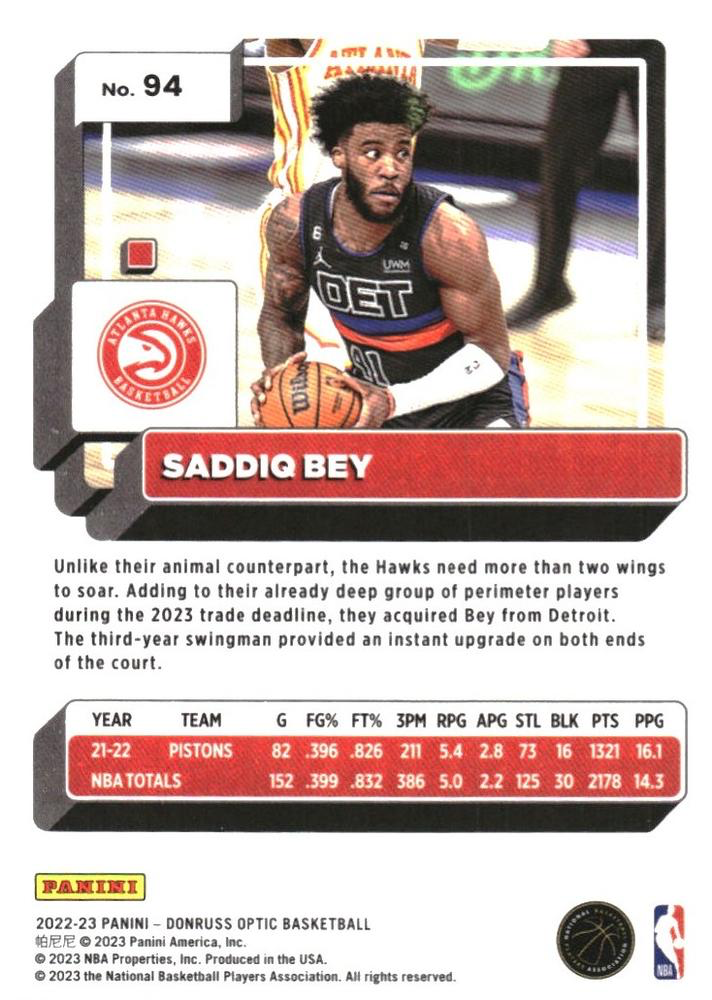 2022 Panini Donruss Optic Saddiq Bey #94 Atlanta Hawks
