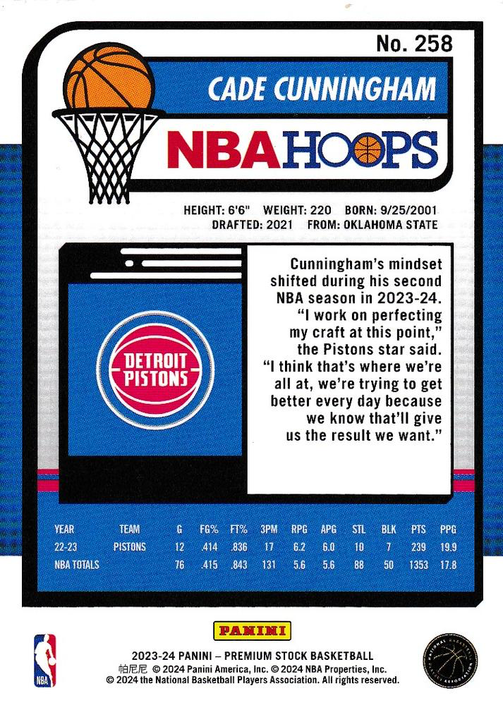 2023 Panini Premium Stock Cade Cunningham #258 Detroit Pistons