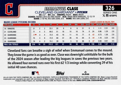 2025 Topps Series 1 Holo Foil Emmanuel Clase #326 Cleveland Guardians