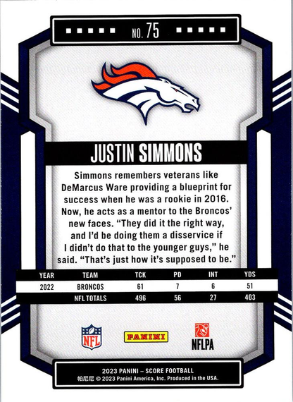 2023 Panini Score Football Justin Simmons Denver Broncos #75