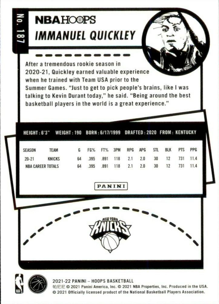 2021 Panini Hoops Immanuel Quickley #187 New York Knicks