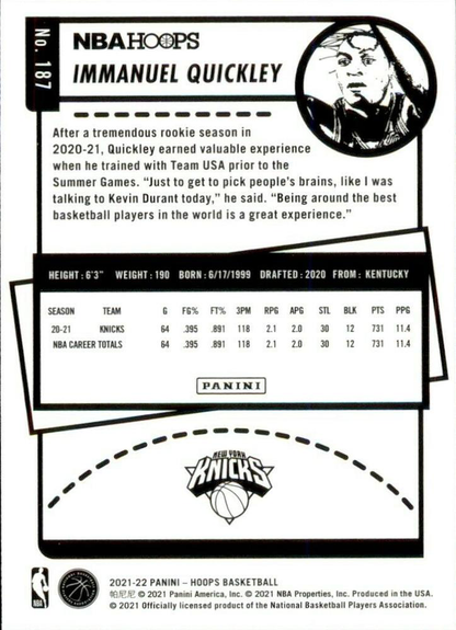 2021 Panini Hoops Immanuel Quickley #187 New York Knicks