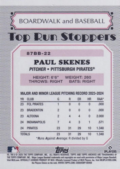 2025 Topps Archives 1987 Topps Boardwalk And Baseball Paul Skenes #87BB-22 Pittsburgh Pirates