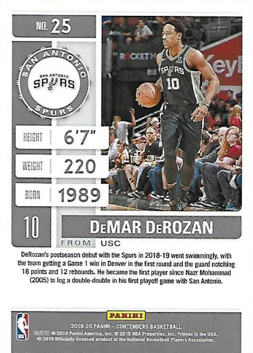 2019 Panini Contenders DeMar DeRozan #25 San Antonio Spurs