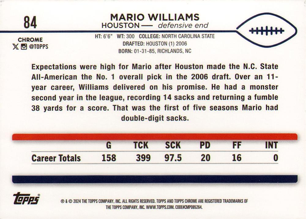 2024 Topps Chrome Football Mario Williams #84 Houston Texans