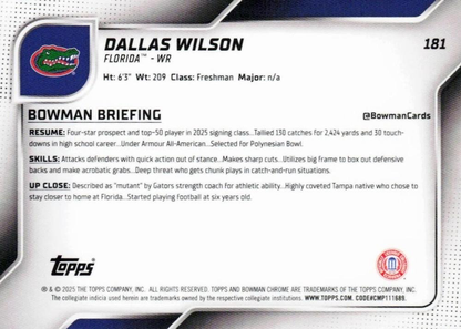 2025 Topps Bowman U Chrome Dallas Wilson 1st #181 Florida Gators