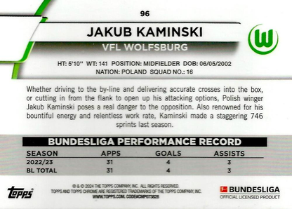 2023 Topps Chrome Bundesliga Jakub Kaminski #96 VfL Wolfsburg