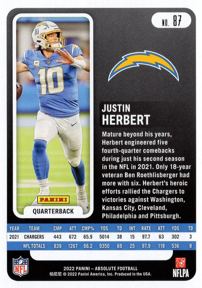 2022 Panini Absolute Justin Herbert #87 Los Angeles Chargers