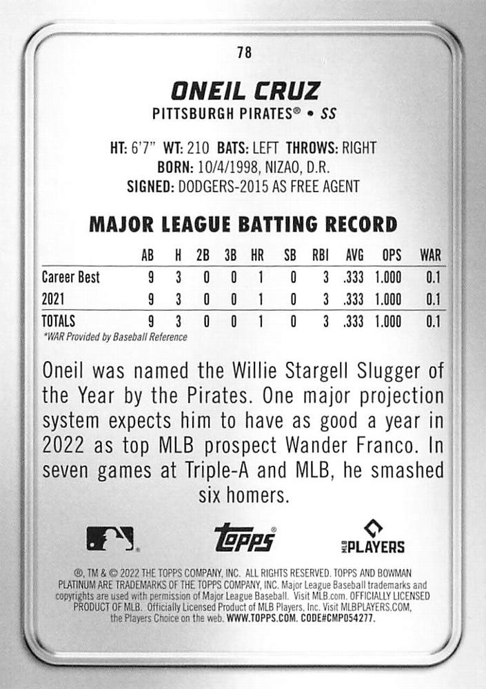 2022 Topps Bowman Platinum Oneil Cruz RC Pittsburgh Pirates #78